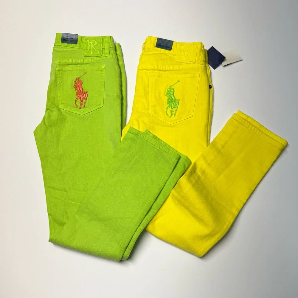 Lot Of 2 Ralph Lauren Bowery Skinny Jeans Girls 12 Big Pony  Yellow /green NWT